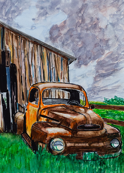 Chev and Old Barn-11"x 8" -$80. (bill)
